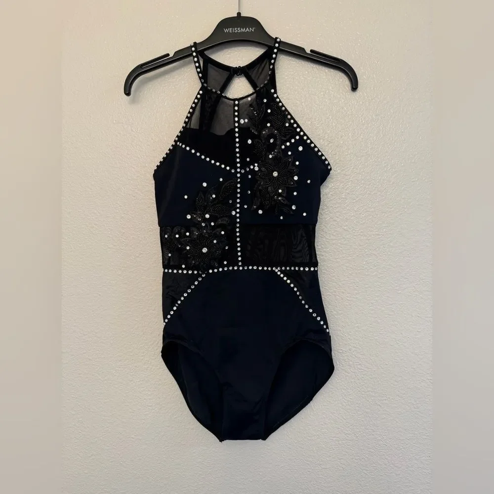 WEISSMAN custom solo Ivy Sky Dance Costume black Crystal Leotard MT10430 XSA